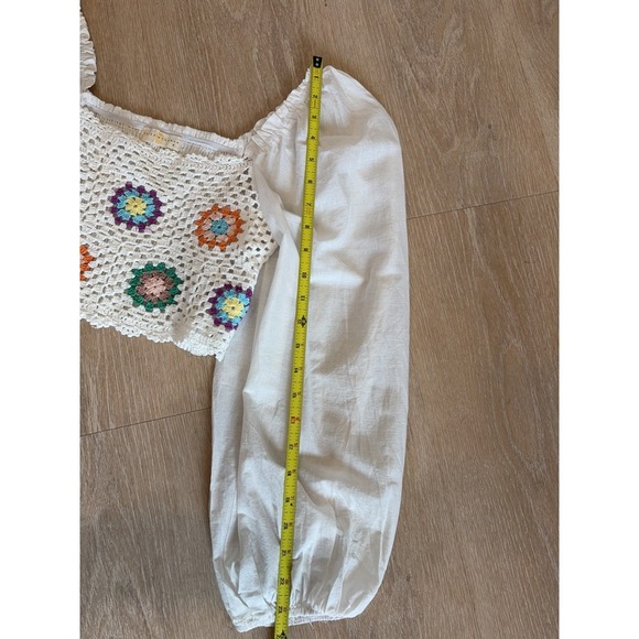 Chrysanthemum Boho Crochet Crop Top Sheer Peasant Sleeve Festival Blouse Women M - Picture 7 of 9